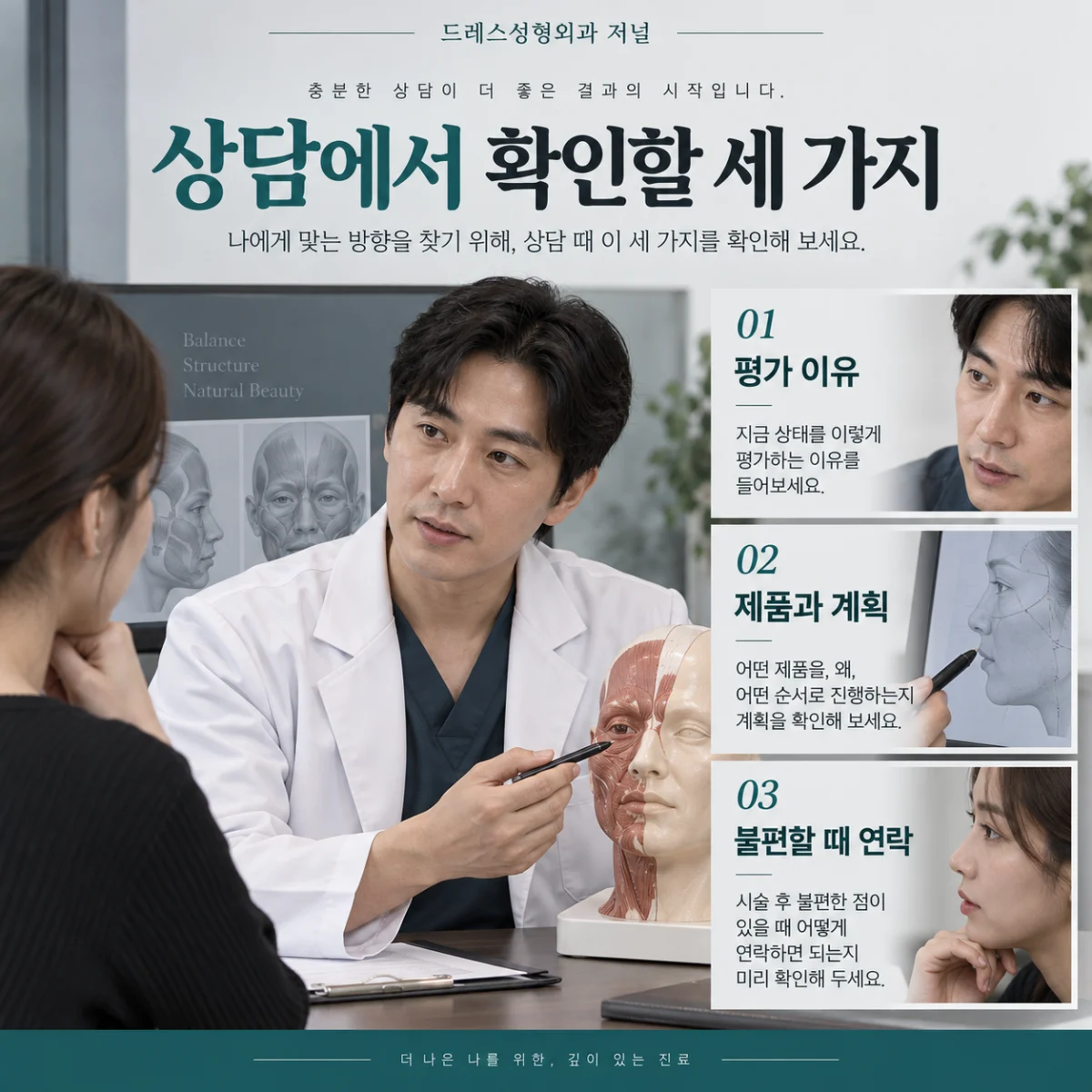 상담에서 확인할 세 가지 — 이해를 위한 AI 생성 설명 이미지, 실제 환자 사례나 시술 결과가 아닙니다.