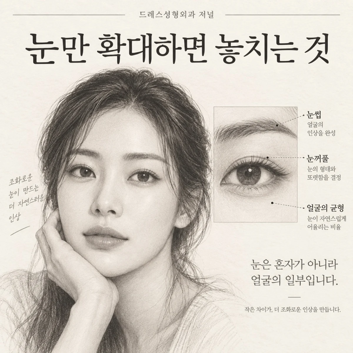 눈만 확대하면 놓치는 것 — 이해를 위한 AI 생성 스케치, 실제 환자 사례나 시술 결과가 아닙니다.