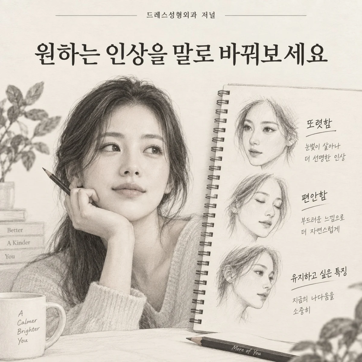 원하는 인상을 말로 바꿔보세요 — 이해를 위한 AI 생성 스케치, 실제 환자 사례나 시술 결과가 아닙니다.