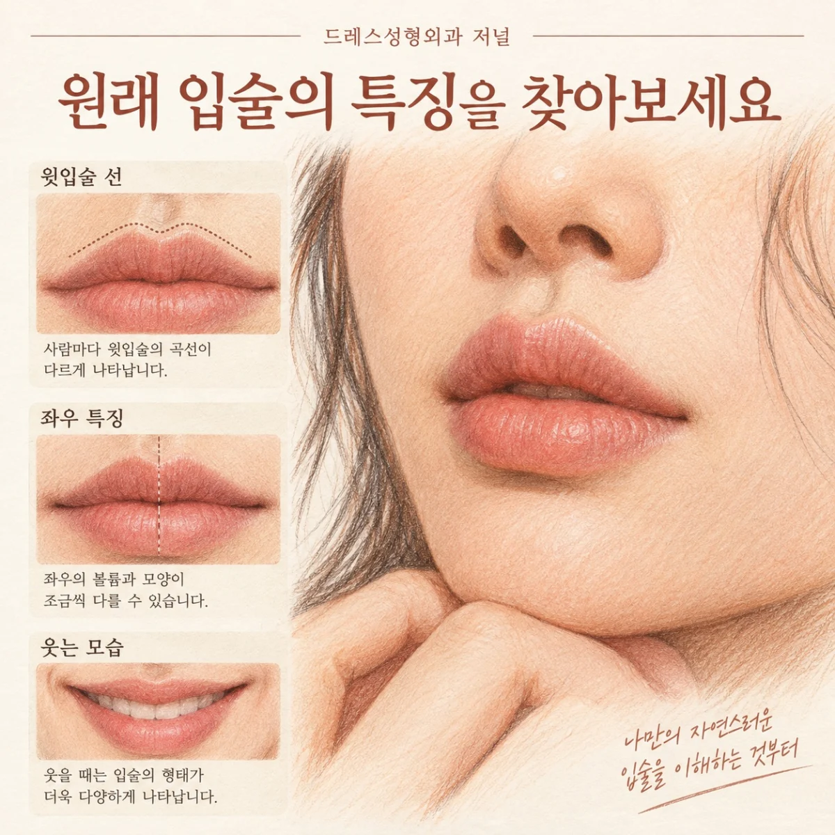원래 입술의 특징을 찾아보세요 — 이해를 위한 AI 생성 스케치, 실제 환자 사례나 시술 결과가 아닙니다.