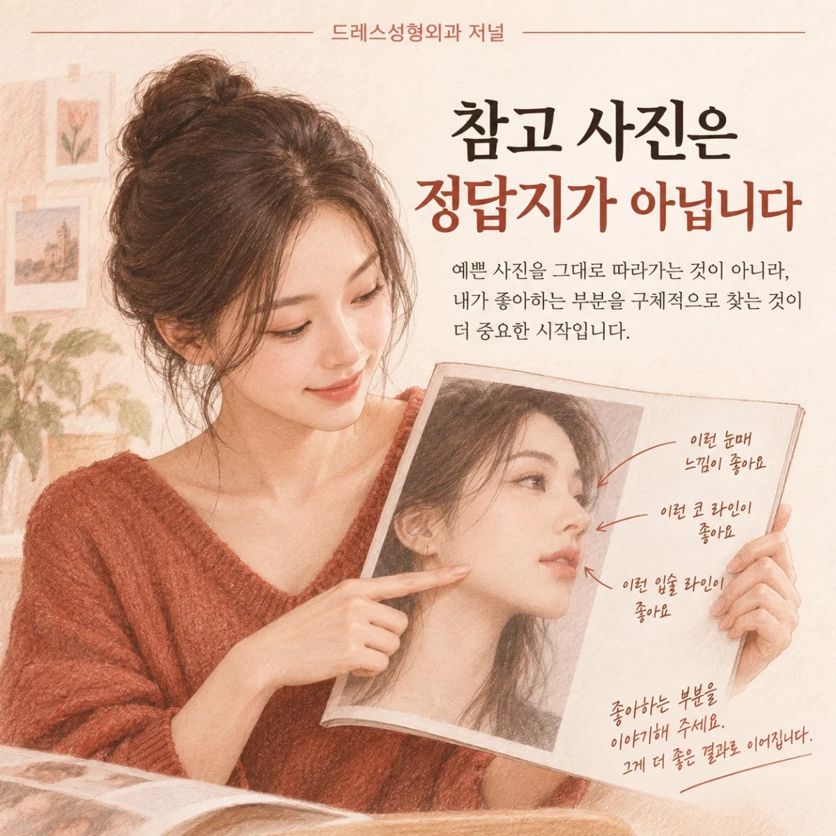 참고 사진은 정답지가 아닙니다 — 이해를 위한 AI 생성 스케치, 실제 환자 사례나 시술 결과가 아닙니다.