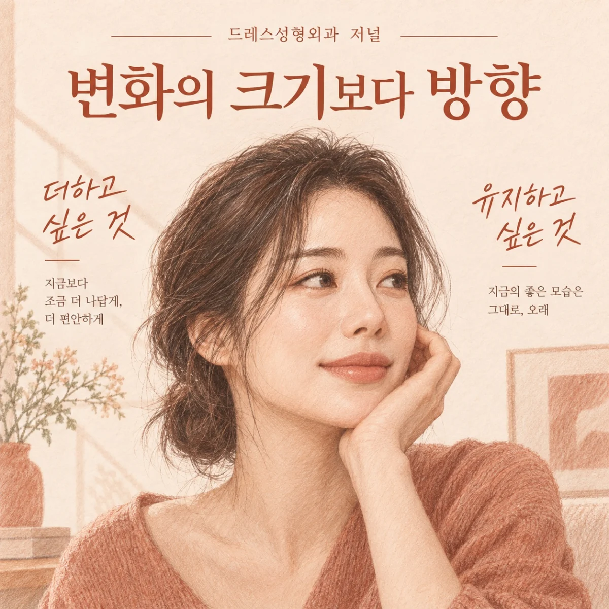 변화의 크기보다 방향 — 이해를 위한 AI 생성 스케치, 실제 환자 사례나 시술 결과가 아닙니다.