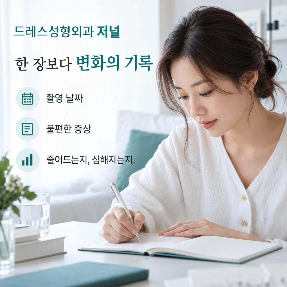 한 장보다 변화의 기록 — 이해를 위한 AI 생성 설명 이미지, 실제 환자 사례나 시술 결과가 아닙니다.