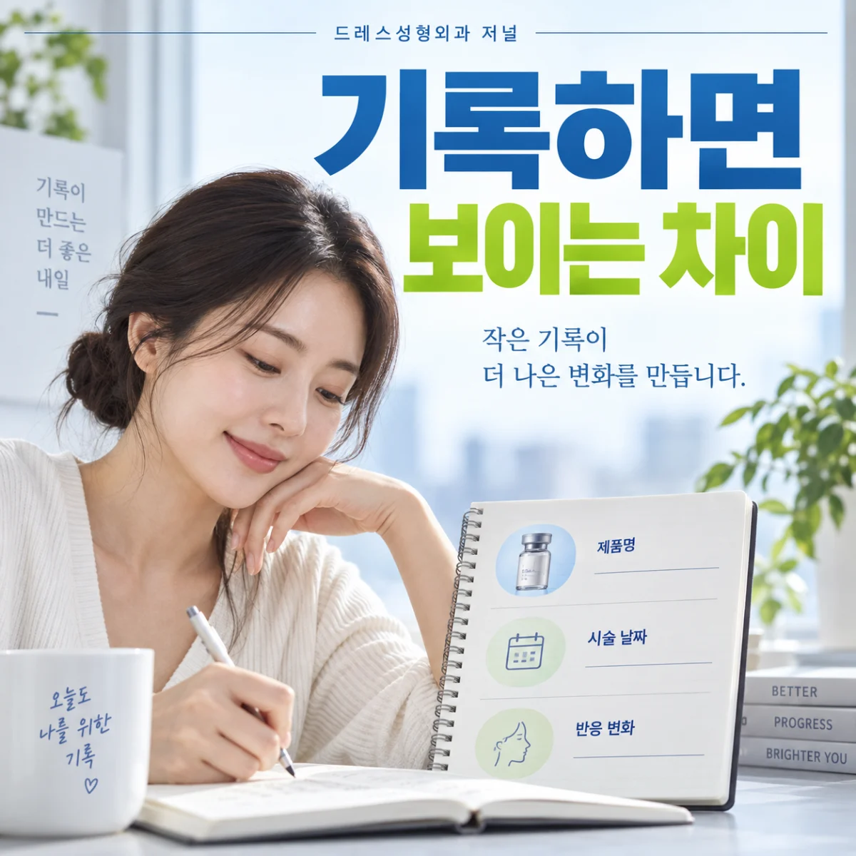 기록하면 보이는 차이 — 이해를 위한 AI 생성 설명 이미지, 실제 환자 사례나 시술 결과가 아닙니다.