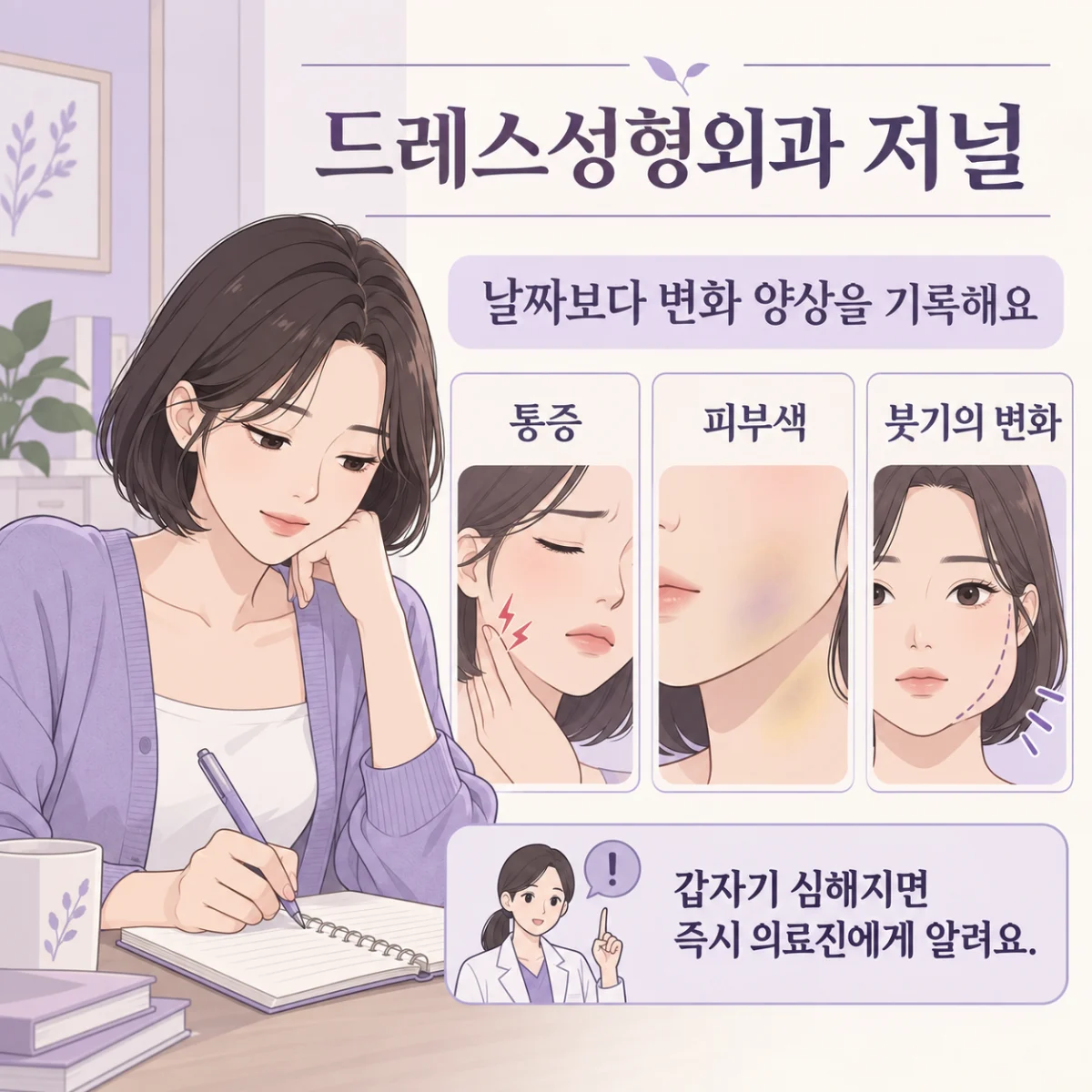 날짜보다 변화 양상을 기록해요 — 이해를 위한 AI 생성 웹툰, 실제 환자 사례나 시술 결과가 아닙니다.