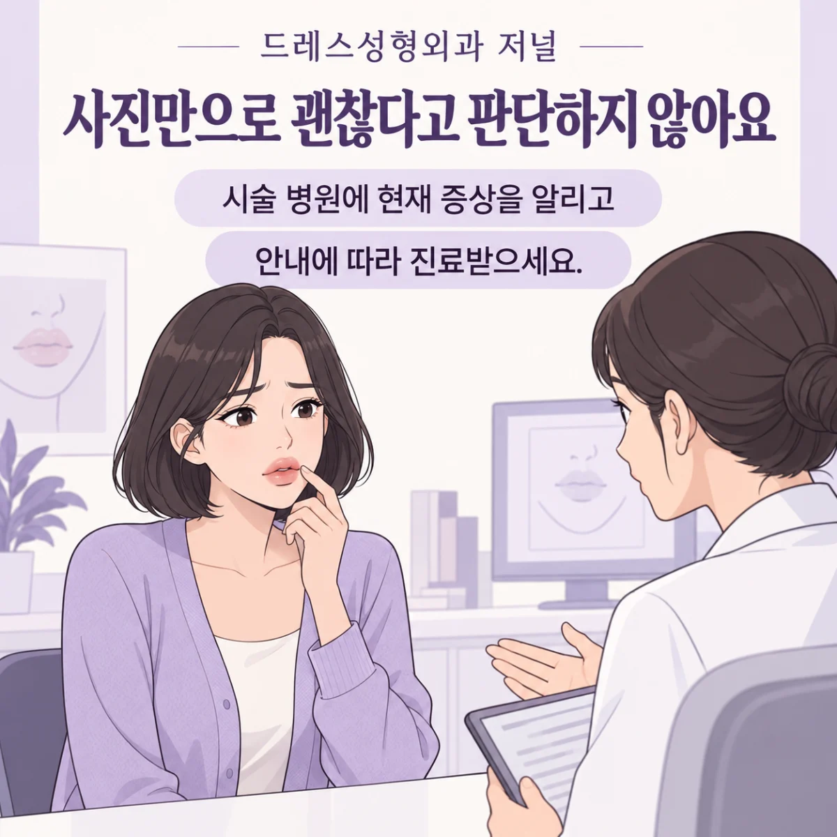 사진만으로 괜찮다고 판단하지 않아요 — 이해를 위한 AI 생성 웹툰, 실제 환자 사례나 시술 결과가 아닙니다.