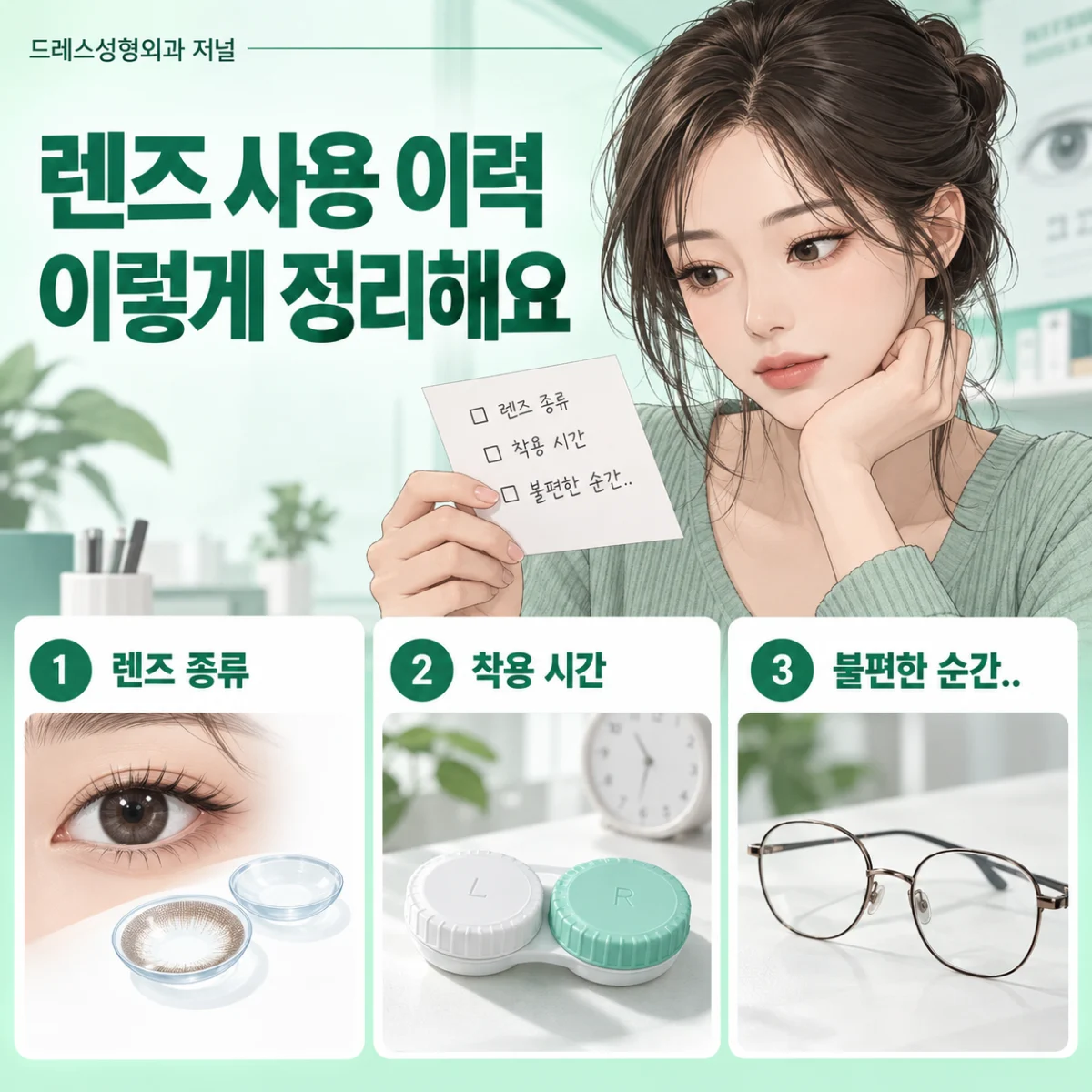 렌즈 사용 이력 이렇게 정리해요 — 이해를 돕기 위한 AI 생성 설명 이미지이며 실제 환자나 치료 결과가 아닙니다.