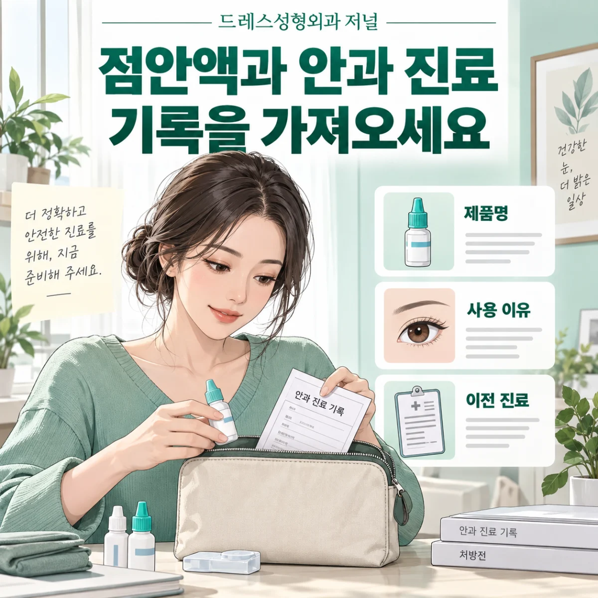 점안액과 안과 진료 기록을 가져오세요 — 이해를 돕기 위한 AI 생성 설명 이미지이며 실제 환자나 치료 결과가 아닙니다.