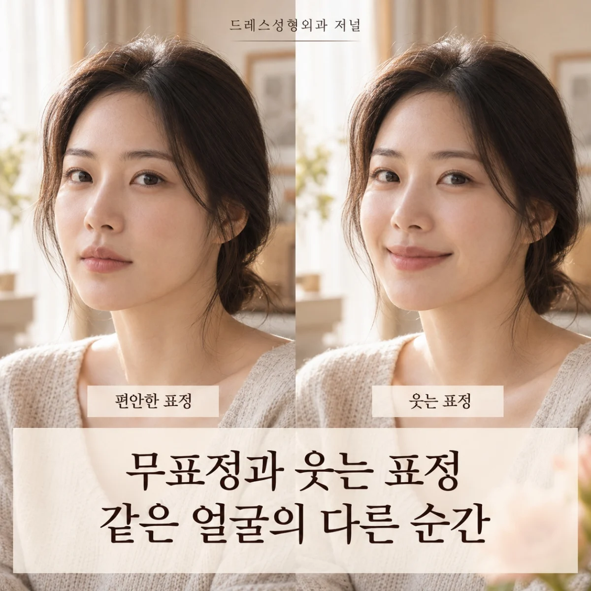 무표정과 웃는 표정 같은 얼굴의 다른 순간 — 이해를 돕기 위한 AI 생성 설명 이미지이며 실제 환자나 치료 결과가 아닙니다.