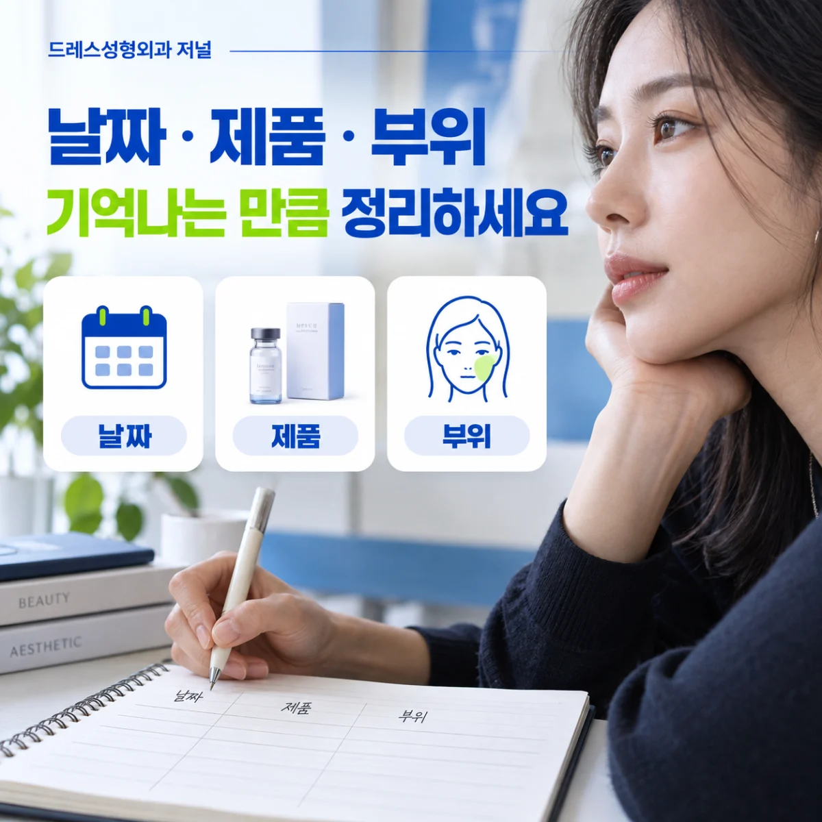 날짜 · 제품 · 부위 기억나는 만큼 정리하세요 — 이해를 돕기 위한 AI 생성 설명 이미지이며 실제 환자나 치료 결과가 아닙니다.