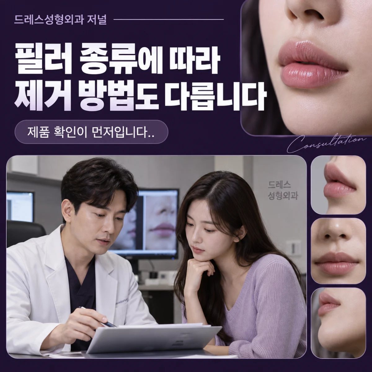 필러 종류에 따라 제거 방법도 다릅니다 — 이해를 돕기 위한 AI 생성 설명 이미지이며 실제 환자나 치료 결과가 아닙니다.