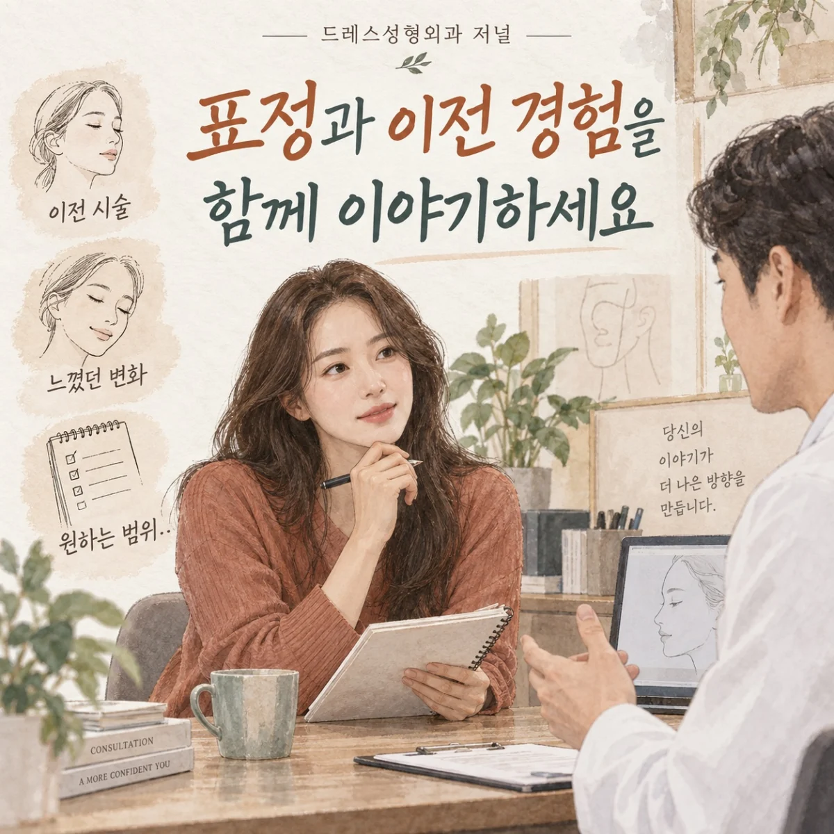 표정과 이전 경험을 함께 이야기하세요 — 이해를 돕기 위한 AI 생성 설명 이미지이며 실제 환자나 치료 결과가 아닙니다.