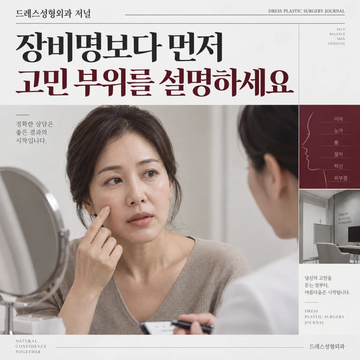 장비명보다 먼저 고민 부위를 설명하세요 — 이해를 돕기 위한 AI 생성 설명 이미지이며 실제 환자나 치료 결과가 아닙니다.
