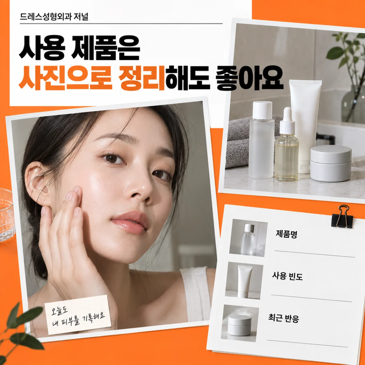 사용 제품은 사진으로 정리해도 좋아요 — 이해를 돕기 위한 AI 생성 설명 이미지이며 실제 환자나 치료 결과가 아닙니다.
