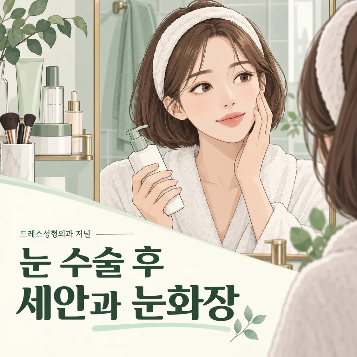 눈 수술 후 세안과 눈화장 — 이해를 돕기 위한 AI 생성 설명 이미지이며 실제 환자나 치료 결과가 아닙니다.