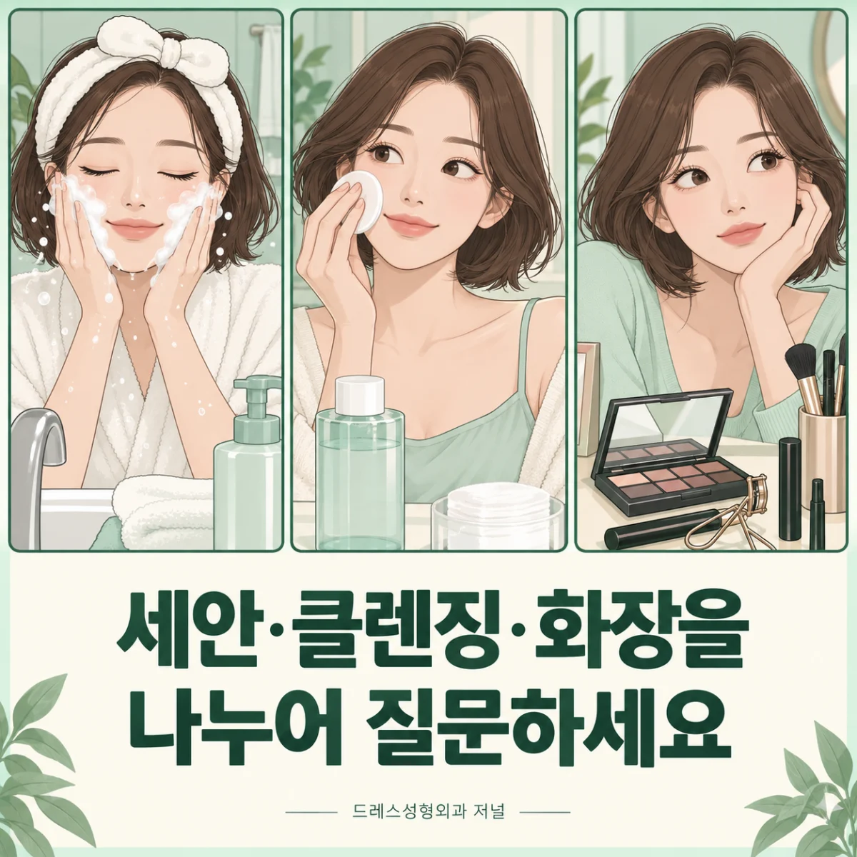 세안·클렌징·화장을 나누어 질문하세요 — 이해를 돕기 위한 AI 생성 설명 이미지이며 실제 환자나 치료 결과가 아닙니다.