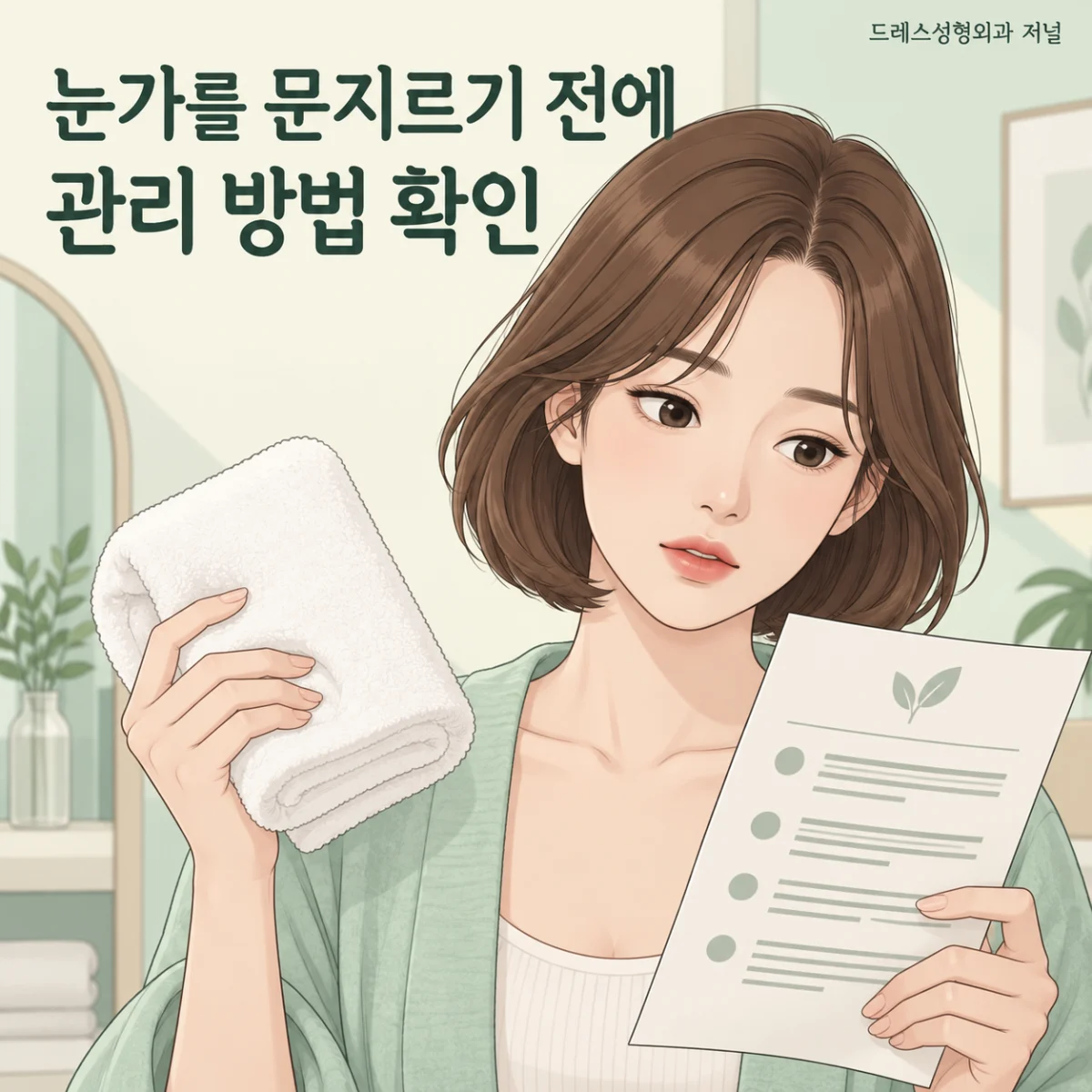 눈가를 문지르기 전에 관리 방법 확인 — 이해를 돕기 위한 AI 생성 설명 이미지이며 실제 환자나 치료 결과가 아닙니다.
