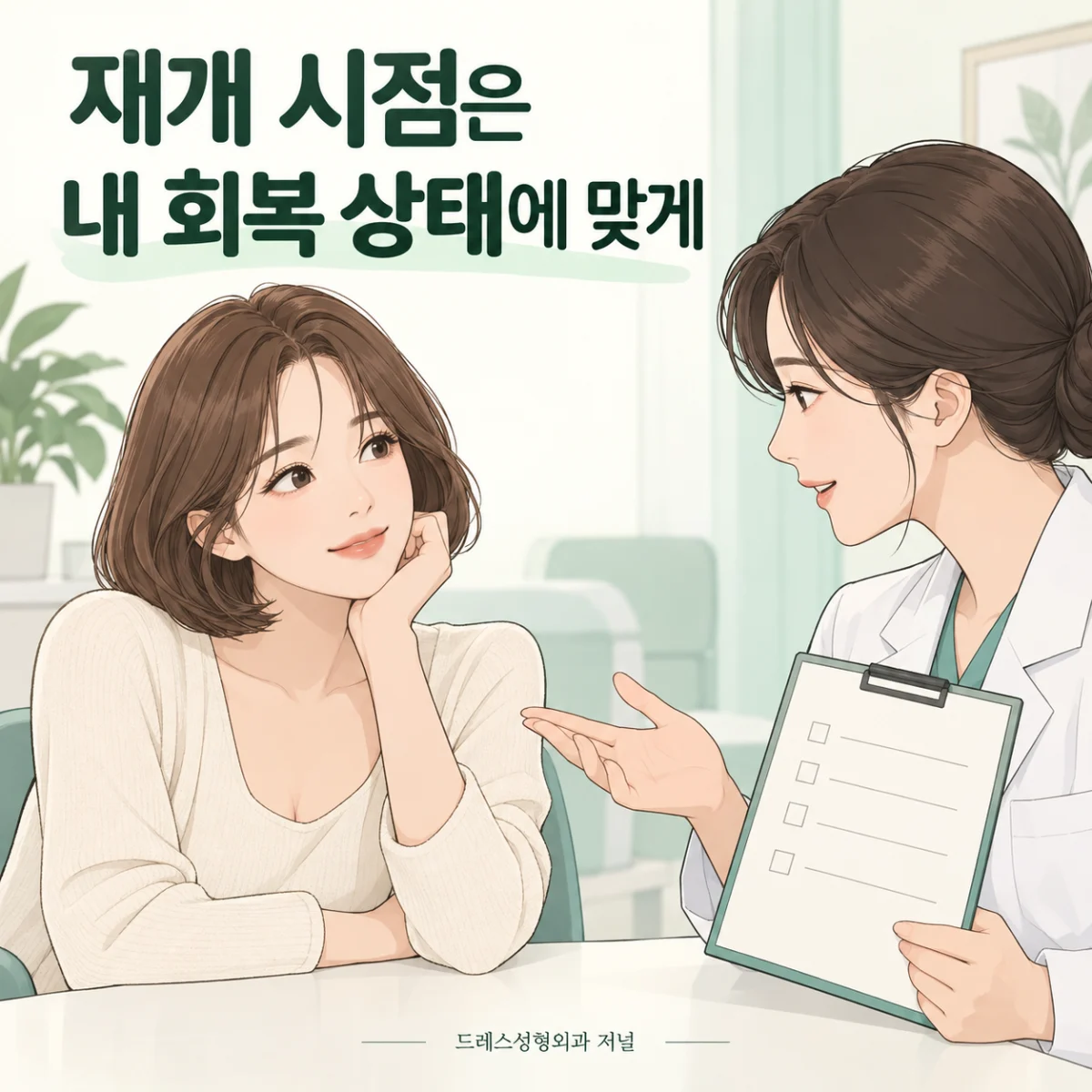 재개 시점은 내 회복 상태에 맞게 — 이해를 돕기 위한 AI 생성 설명 이미지이며 실제 환자나 치료 결과가 아닙니다.