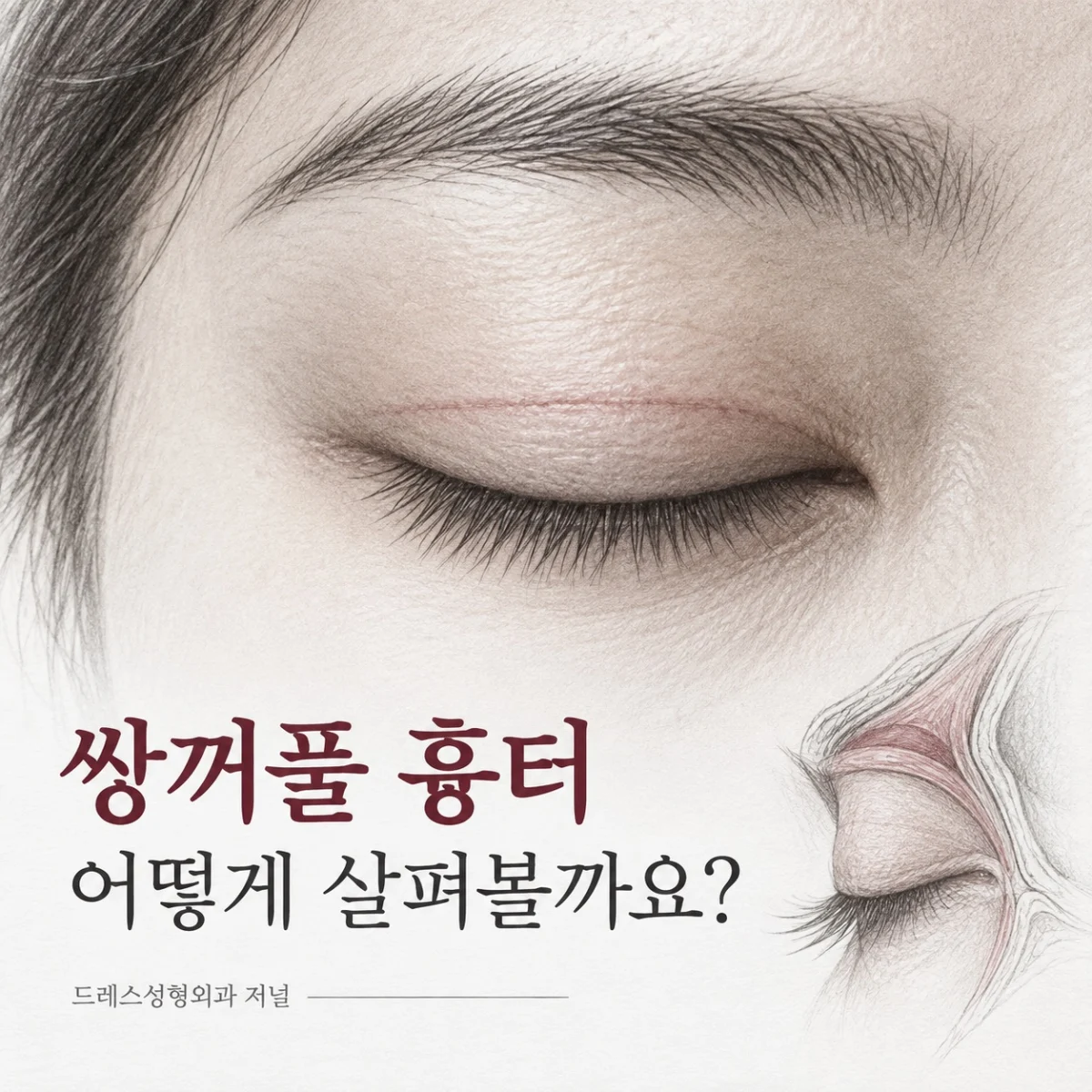 쌍꺼풀 흉터 어떻게 살펴볼까요? — 이해를 돕기 위한 AI 생성 설명 이미지이며 실제 환자나 치료 결과가 아닙니다.