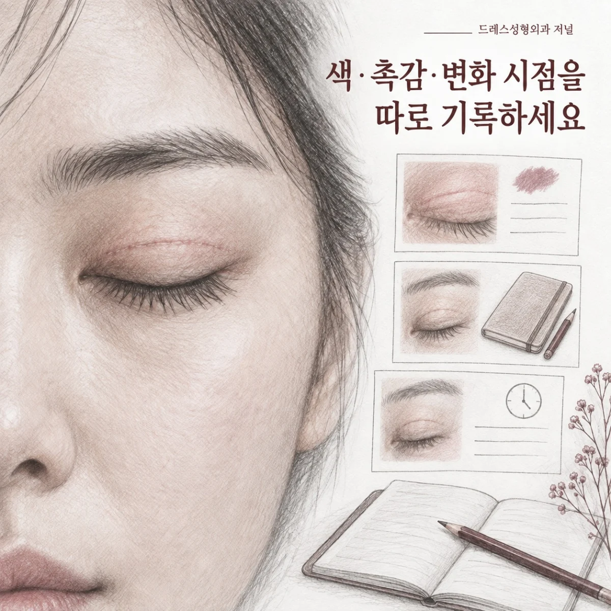 색·촉감·변화 시점을 따로 기록하세요 — 이해를 돕기 위한 AI 생성 설명 이미지이며 실제 환자나 치료 결과가 아닙니다.