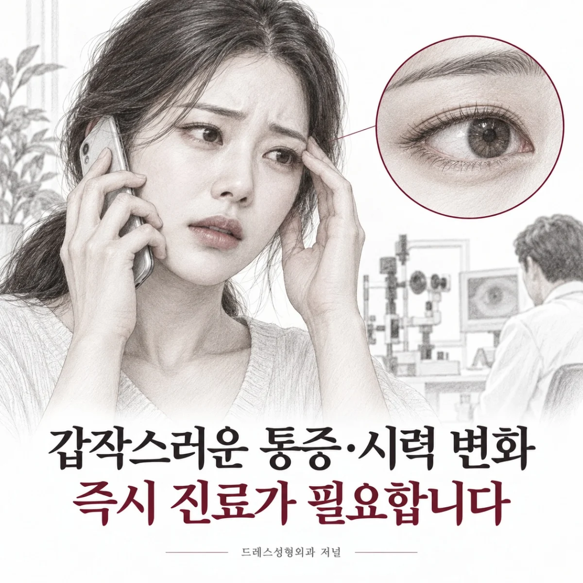 갑작스러운 통증·시력 변화 즉시 진료가 필요합니다 — 이해를 돕기 위한 AI 생성 설명 이미지이며 실제 환자나 치료 결과가 아닙니다.