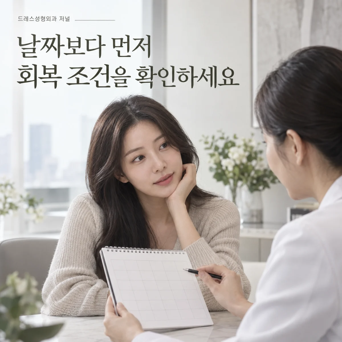 날짜보다 먼저 회복 조건을 확인하세요 — 이해를 돕기 위한 AI 생성 설명 이미지이며 실제 환자나 치료 결과가 아닙니다.