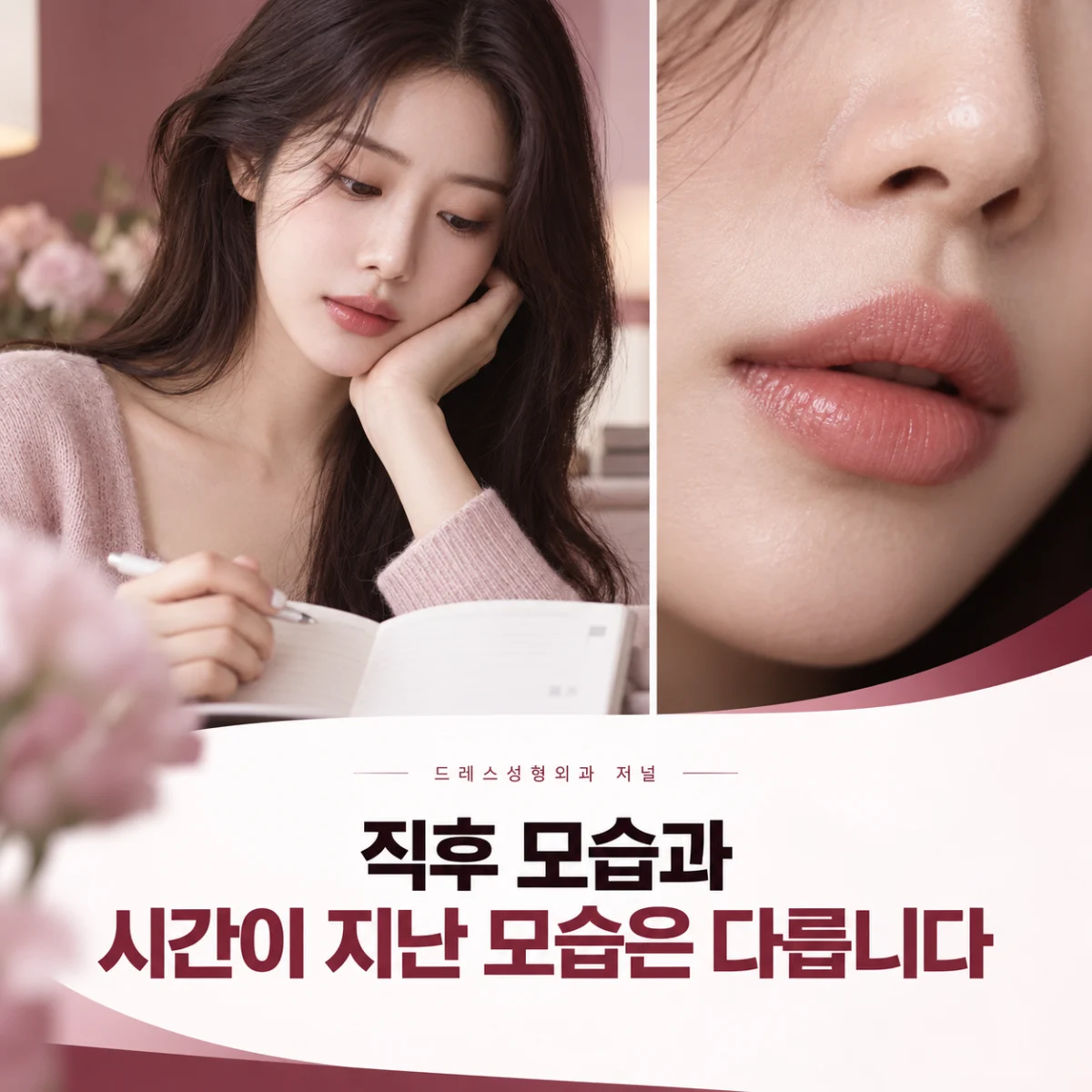 직후 모습과 시간이 지난 모습은 다릅니다 — 이해를 돕기 위한 AI 생성 설명 이미지이며 실제 환자나 치료 결과가 아닙니다.