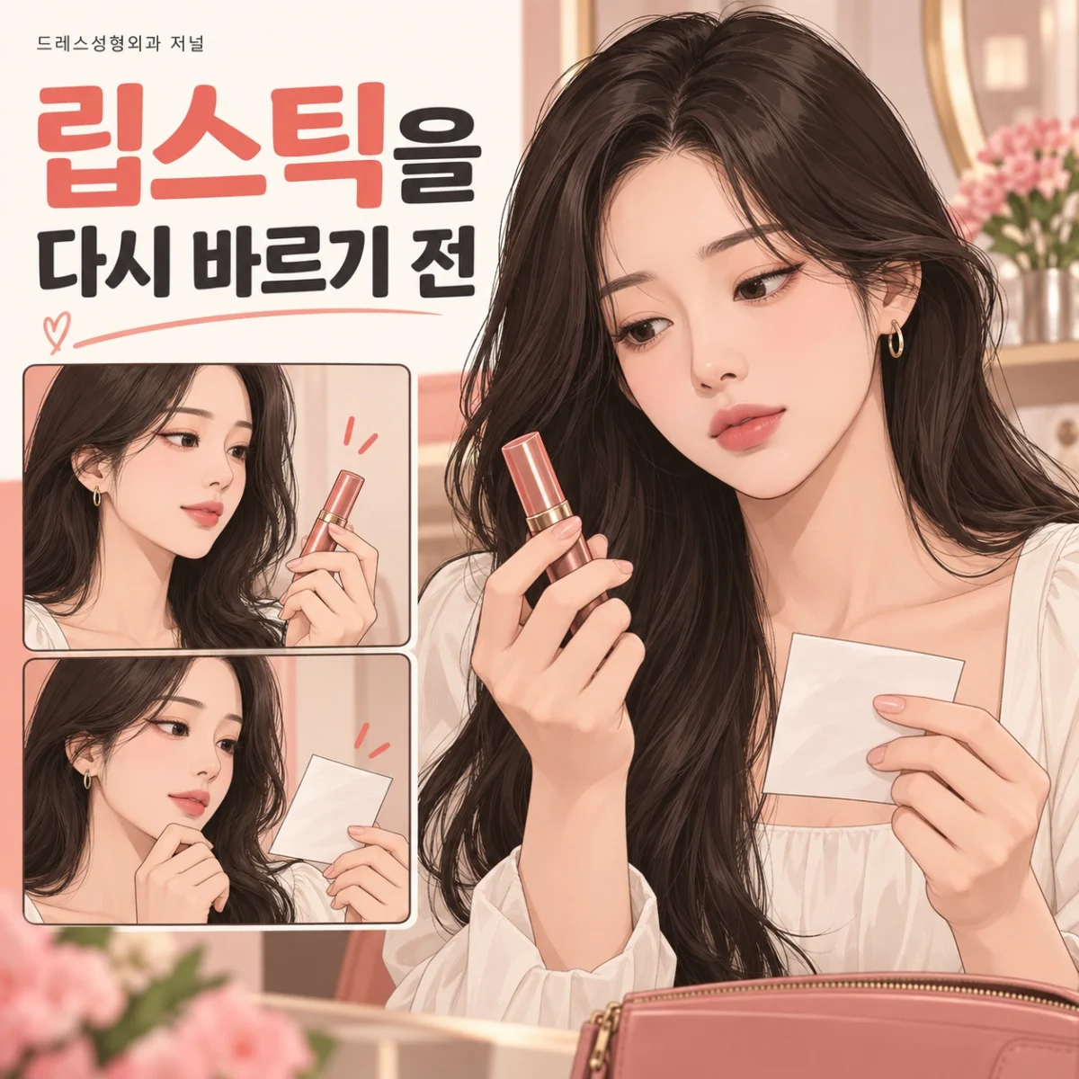 립스틱을 다시 바르기 전 — 이해를 돕기 위한 AI 생성 설명 이미지이며 실제 환자나 치료 결과가 아닙니다.