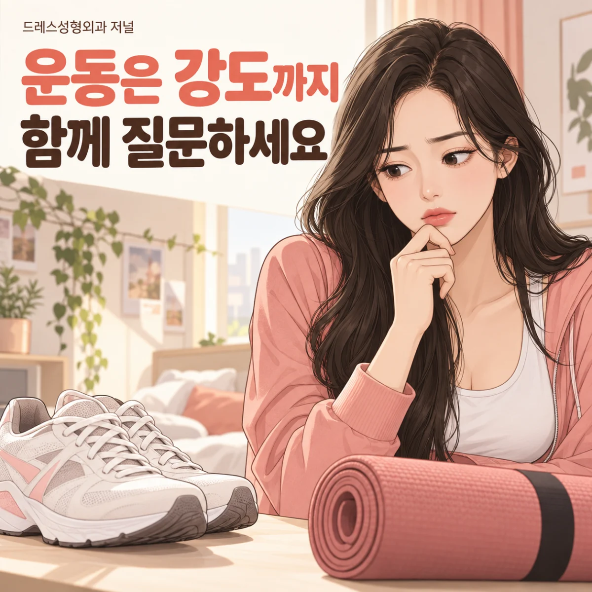 운동은 강도까지 함께 질문하세요 — 이해를 돕기 위한 AI 생성 설명 이미지이며 실제 환자나 치료 결과가 아닙니다.