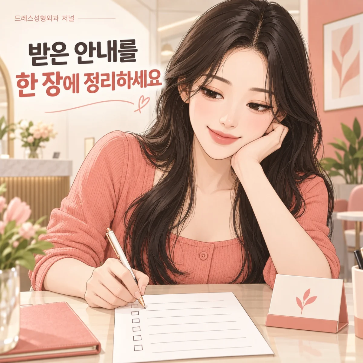 받은 안내를 한 장에 정리하세요 — 이해를 돕기 위한 AI 생성 설명 이미지이며 실제 환자나 치료 결과가 아닙니다.