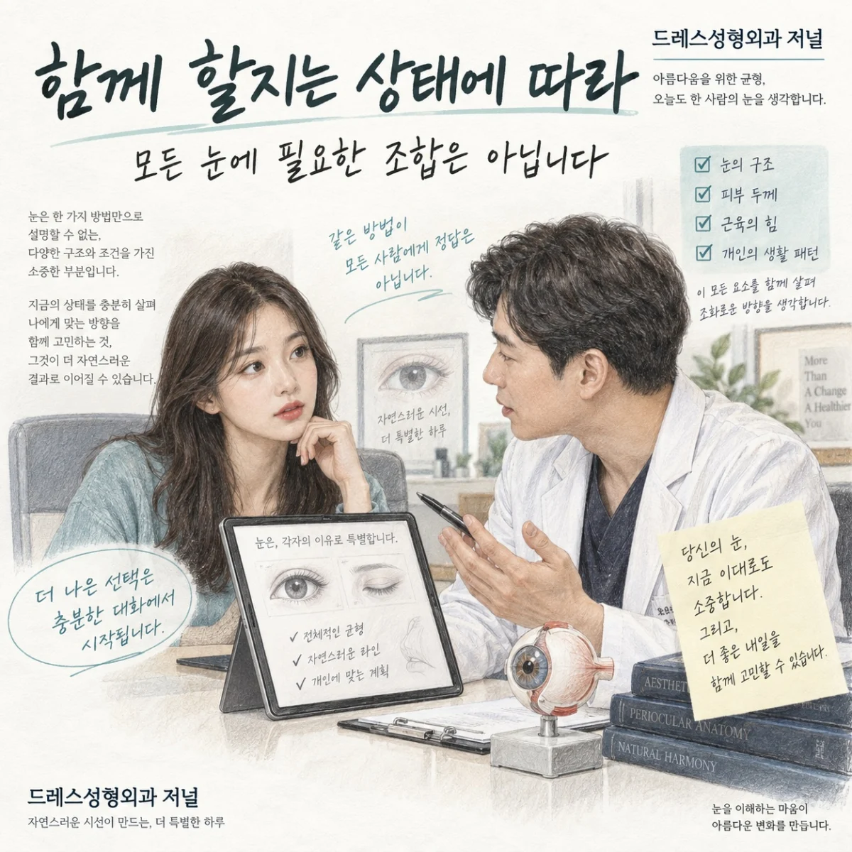 눈 상태에 따라 수술 조합을 설명하는 상담 장면