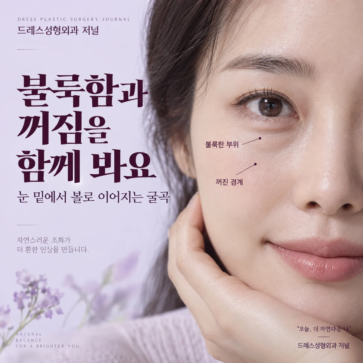 눈밑 불룩함과 꺼진 경계를 살펴보는 사진