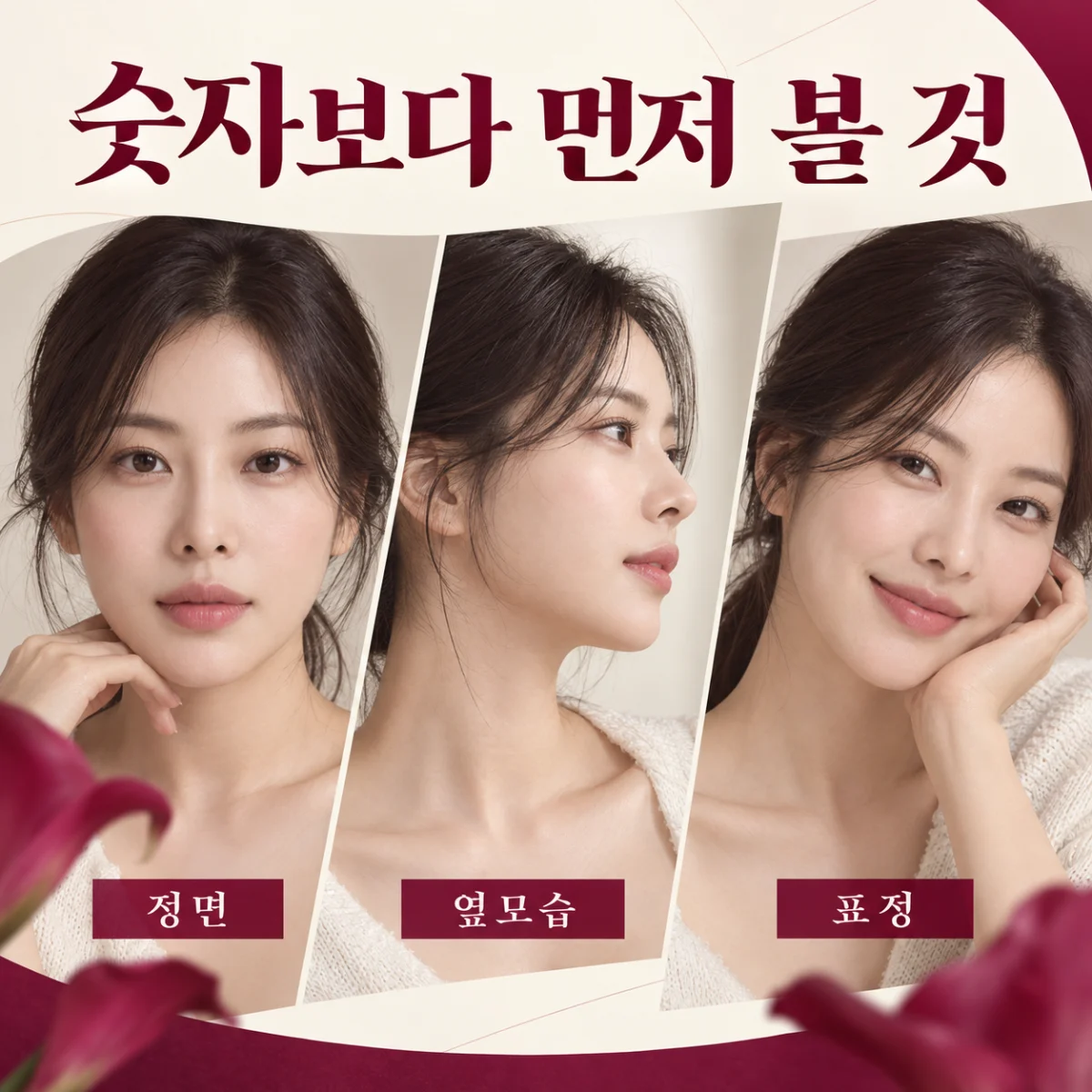 정면과 옆모습, 웃는 표정에서 입술 형태를 살펴보는 사진