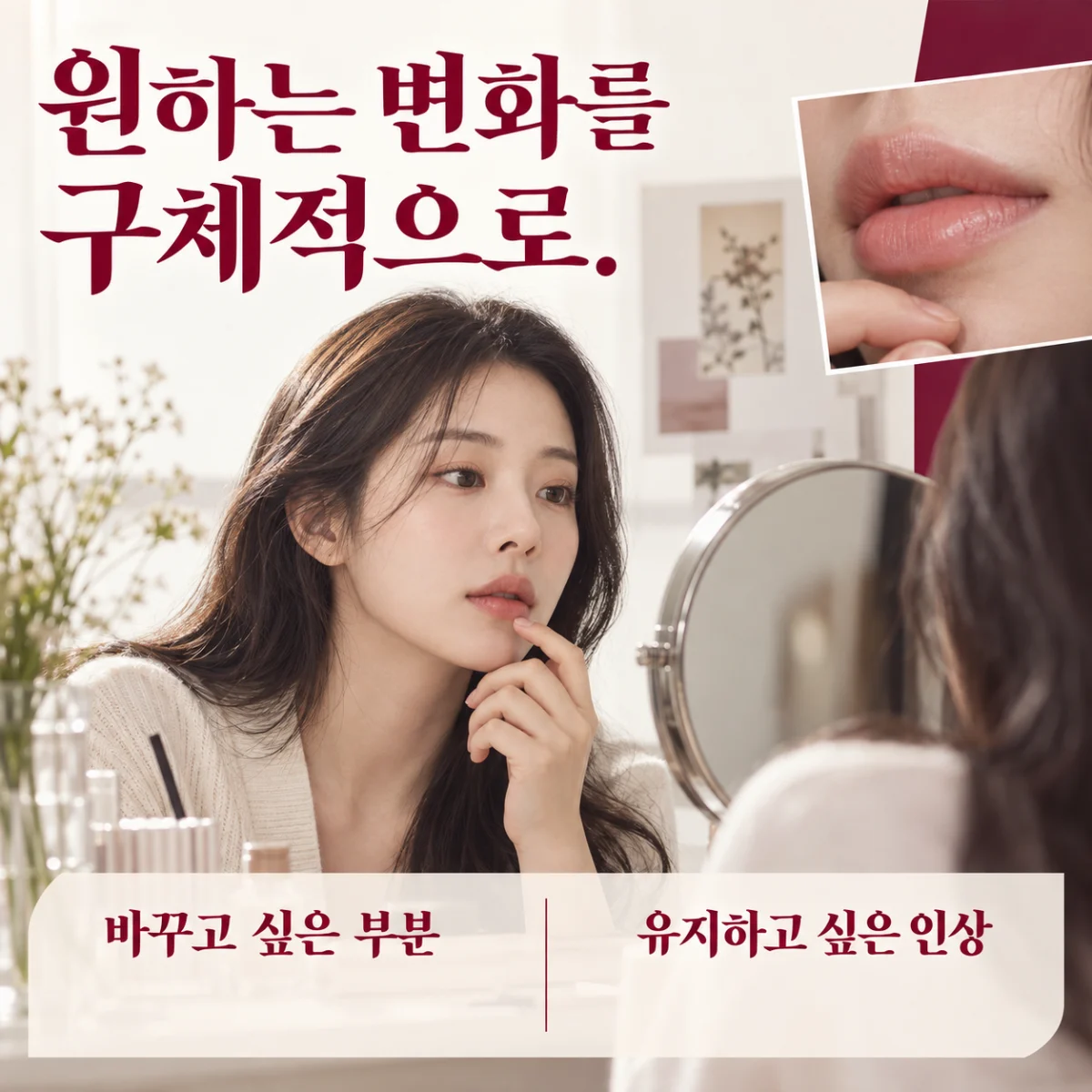 거울을 보며 바꾸고 싶은 부분과 유지할 인상을 생각하는 모습