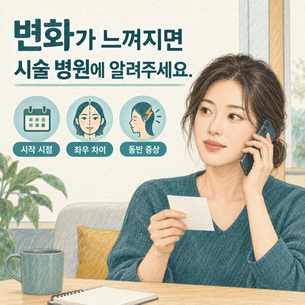 증상 시작 시점과 좌우 차이를 병원에 전달하는 모습