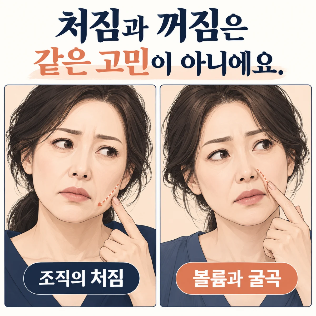 조직 처짐과 볼륨·굴곡을 나누어 보는 얼굴 그림