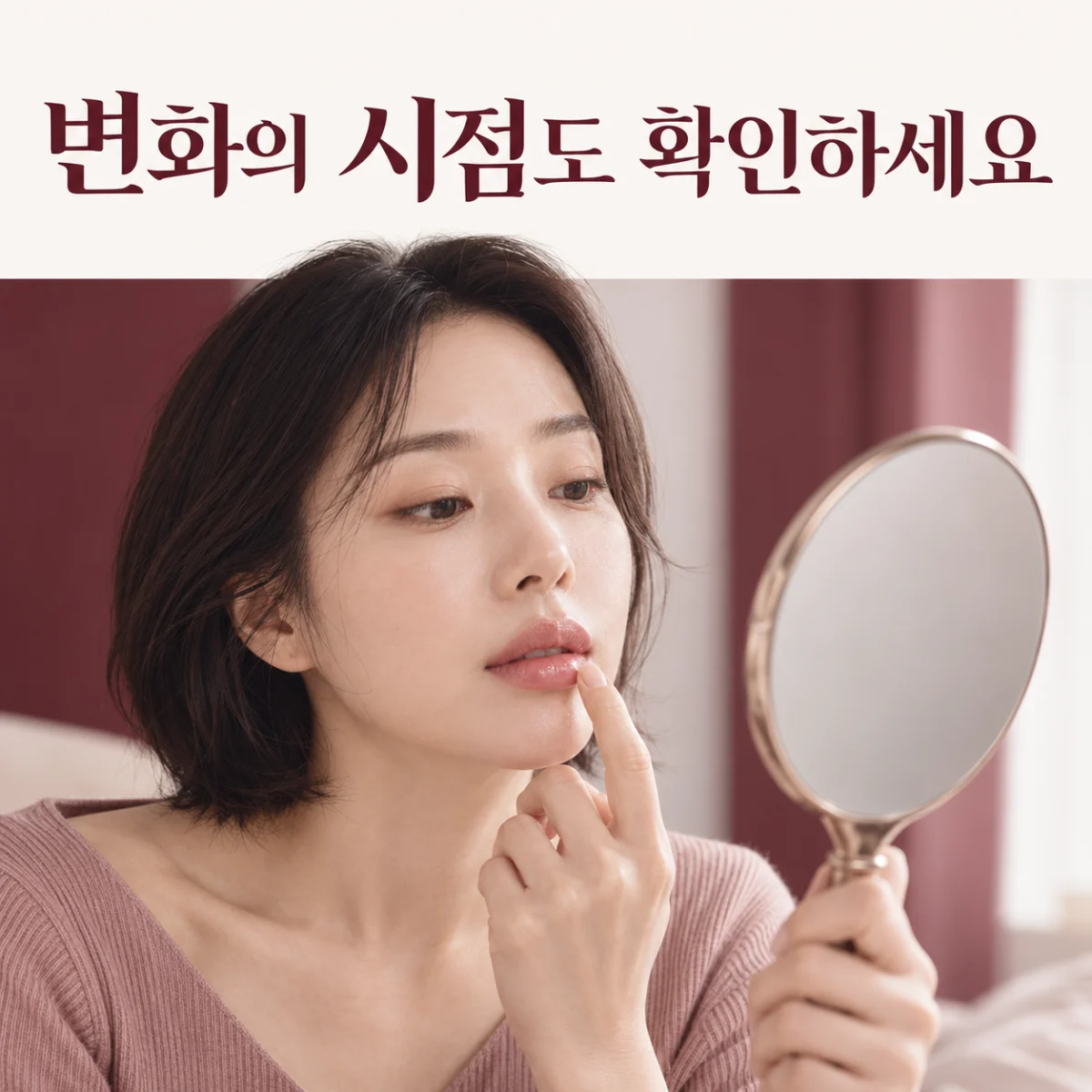 거울로 입술의 변화를 살펴보는 모습