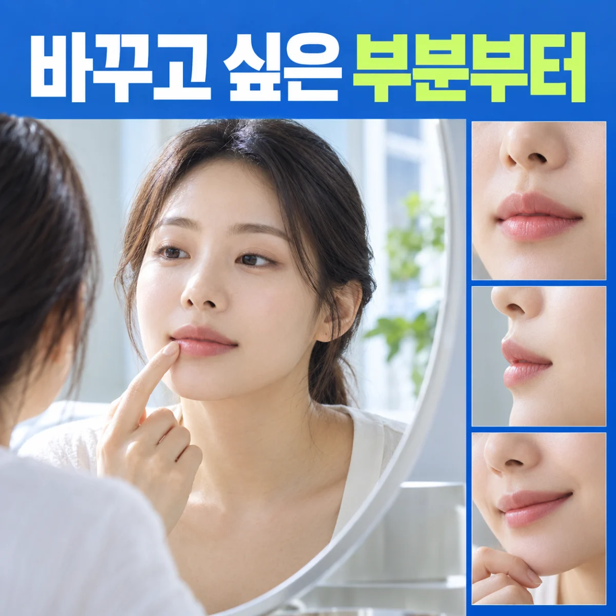 거울 앞에서 바꾸고 싶은 입꼬리 부분을 생각하는 모습