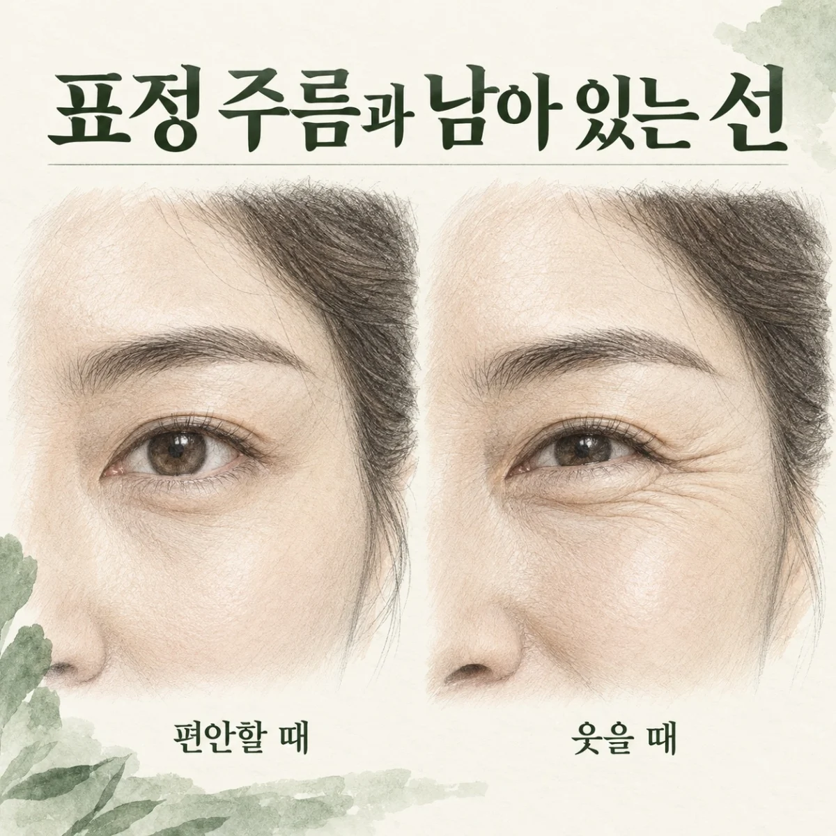 편안할 때와 웃을 때 눈가의 선을 비교하는 스케치