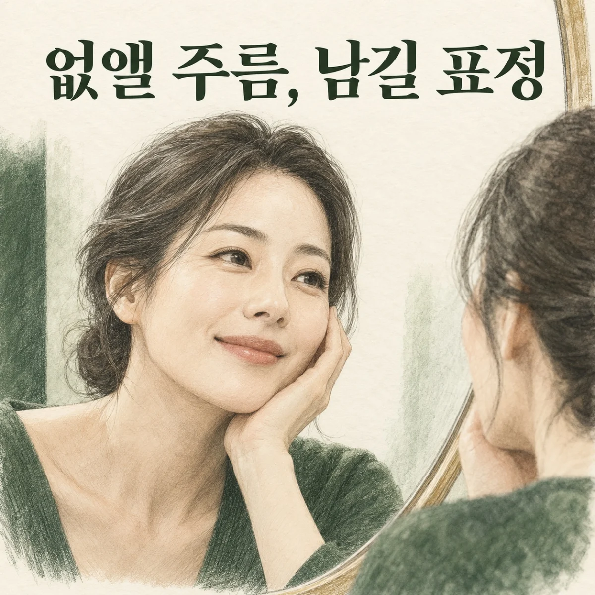 거울을 보며 자연스럽게 웃는 인물 그림