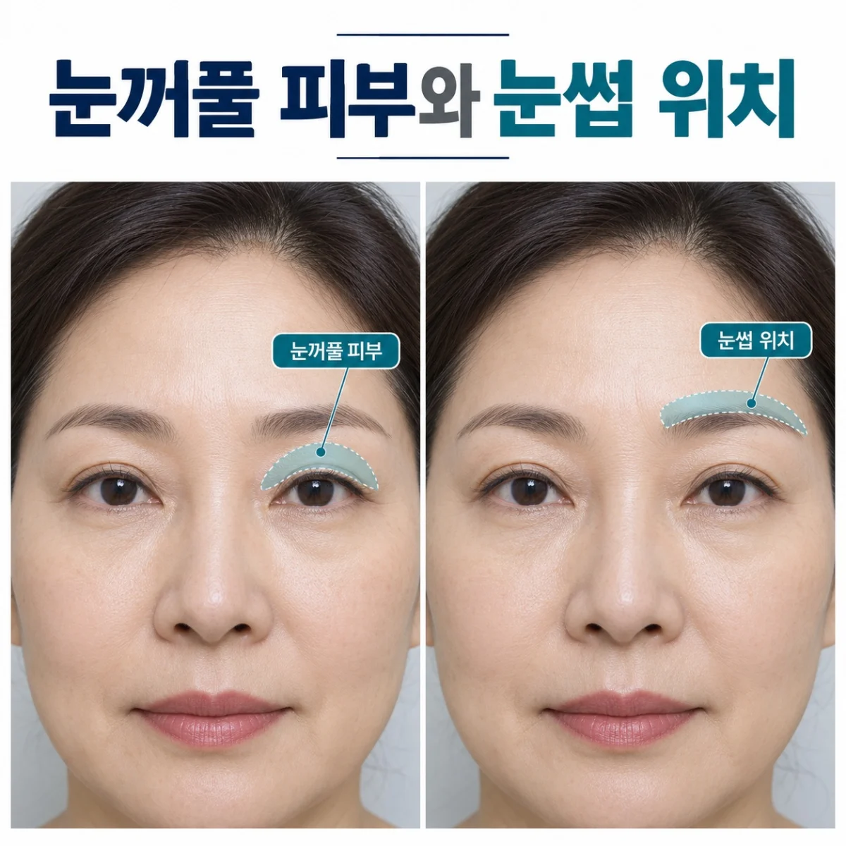 눈꺼풀 피부와 눈썹 위치를 구분해 표시한 같은 얼굴 사진