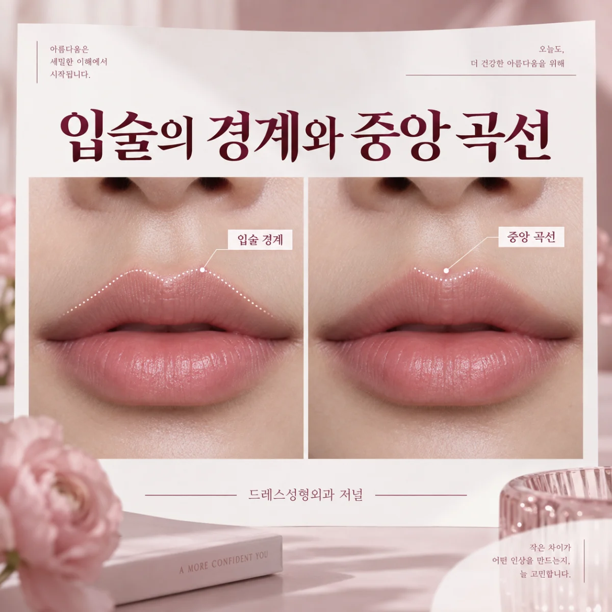입술 경계와 윗입술 중앙 곡선을 표시한 확대 사진