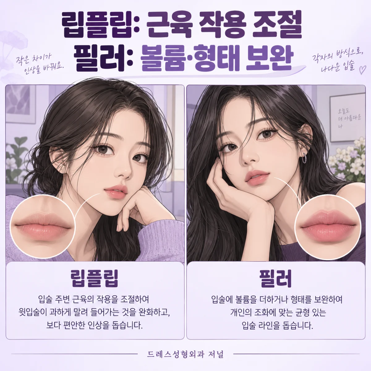 립플립의 근육 작용 조절과 필러의 볼륨 보완을 나누어 설명하는 그림