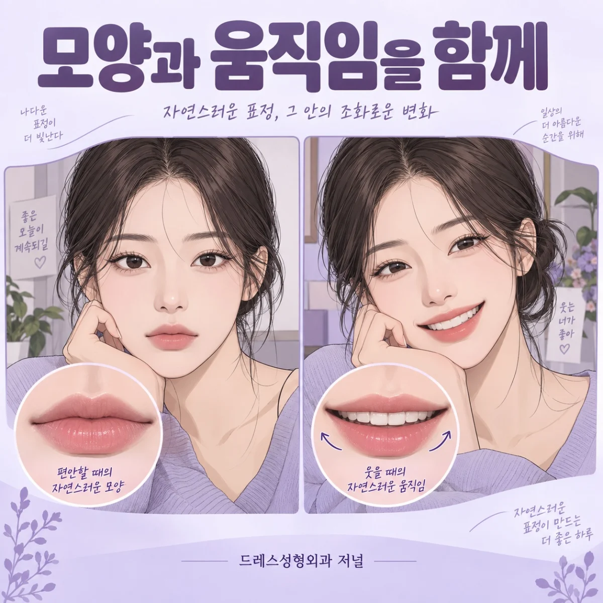 편안한 표정과 웃는 표정의 입술 움직임을 보여주는 웹툰
