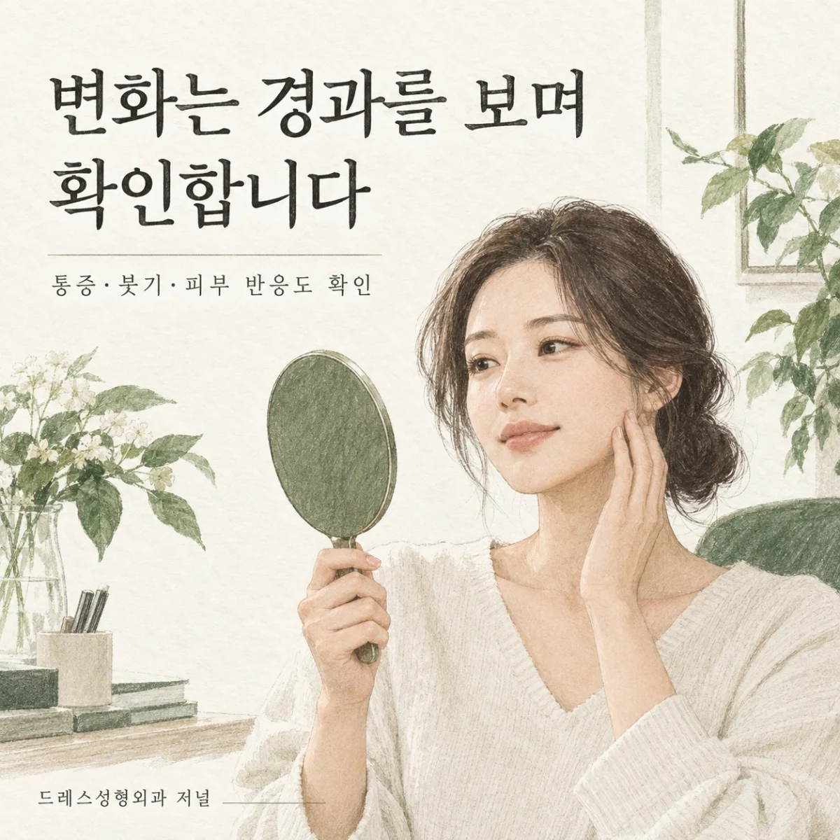 거울로 시술 경과와 피부 반응을 살펴보는 인물 그림