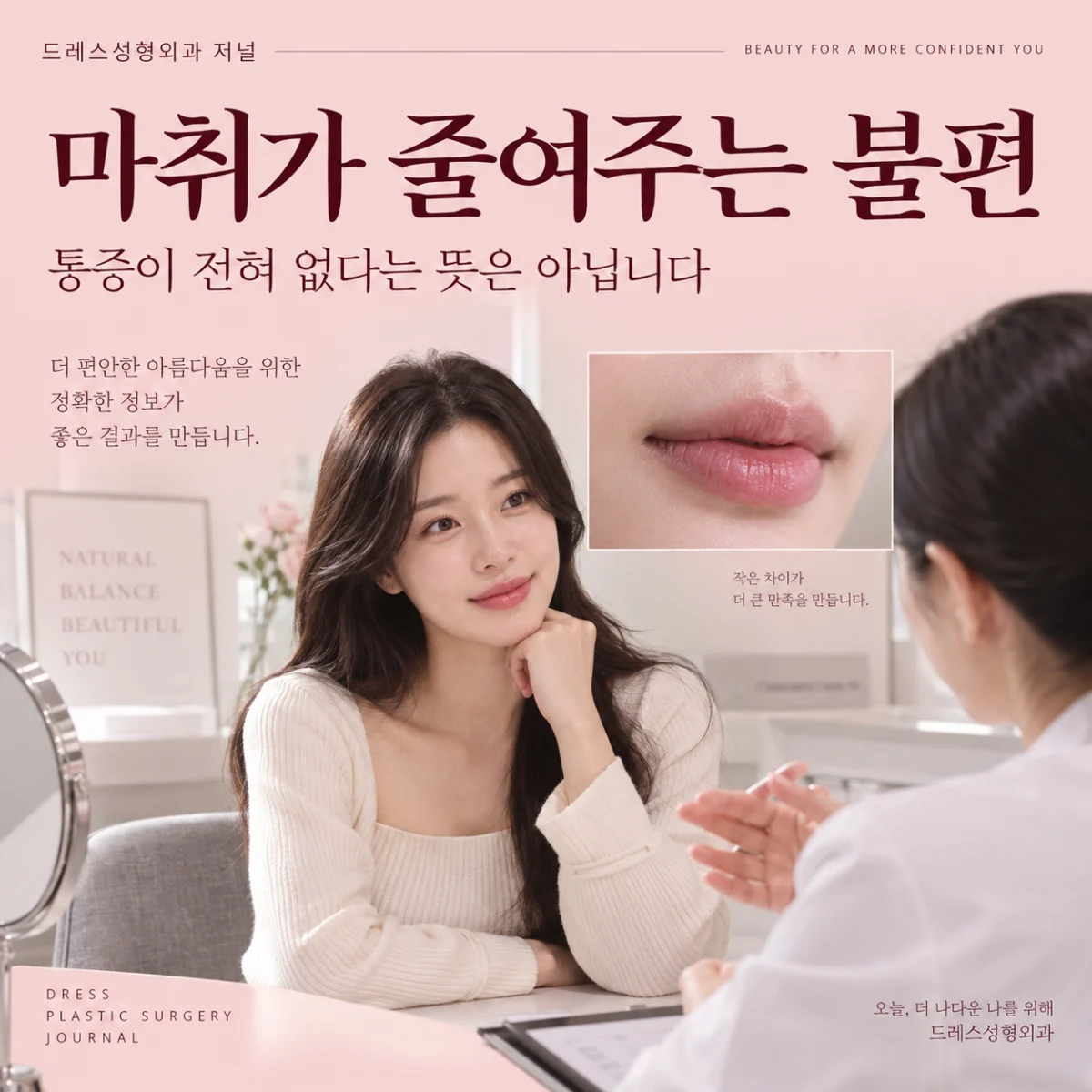 입술필러 전 마취와 불편을 상담하는 장면