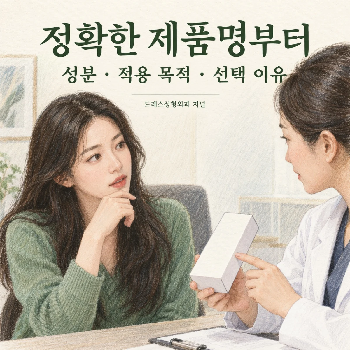 정확한 제품명과 적용 목적을 확인하는 상담 그림