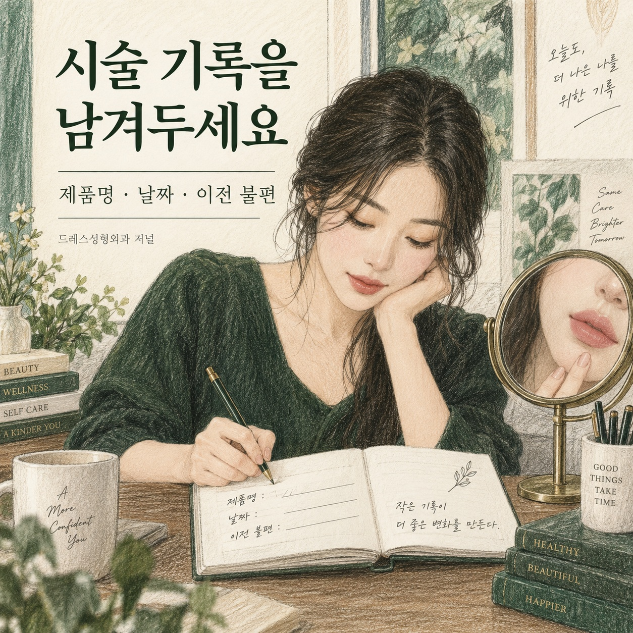 제품과 시술 이력을 기록하는 인물 그림