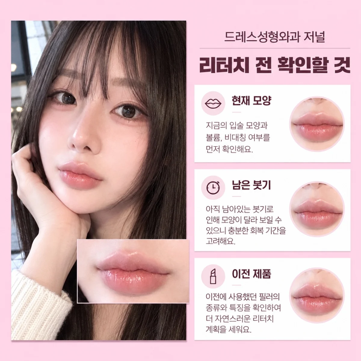 현재 모양과 남은 붓기 및 이전 제품을 확인하는 상담 카드