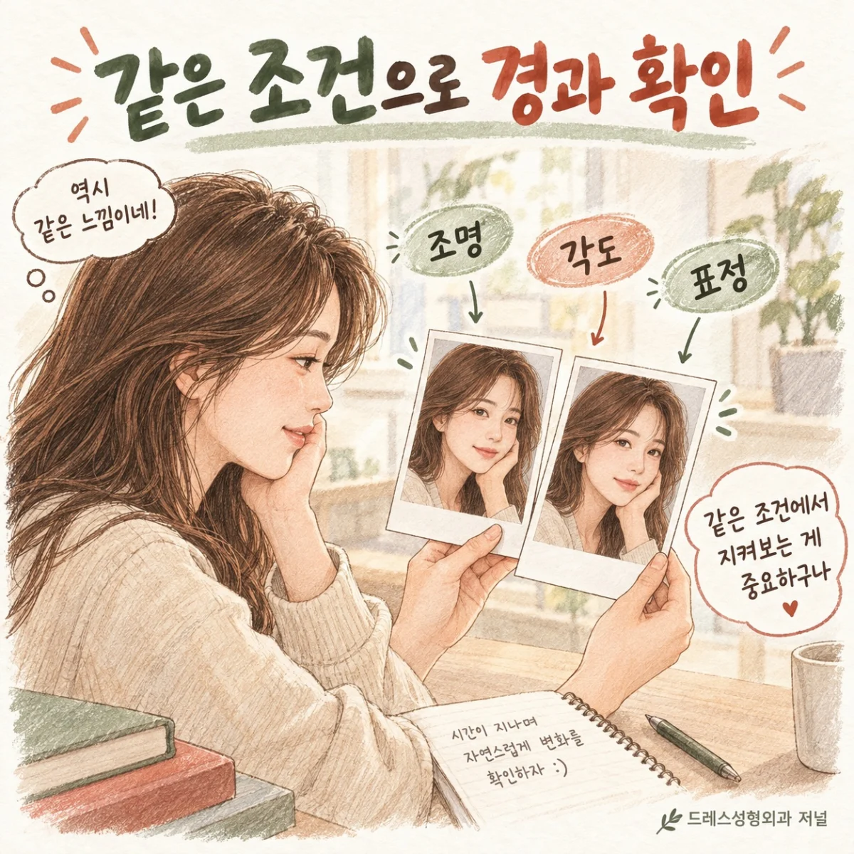 같은 조명에서 얼굴 경과 사진을 살펴보는 스케치
